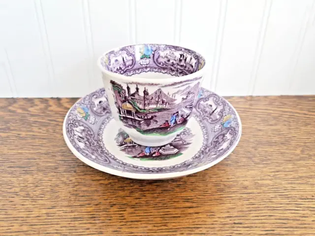 Antique 19th Century Purple Transferware Tea Cup and Saucer 'Medina' Pattern