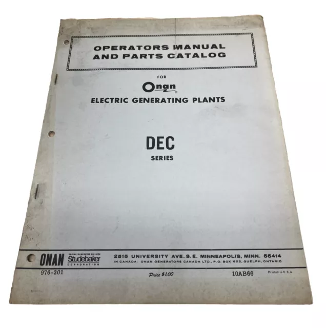 Onan Electric Generating Plants Manual And Parts Catalog DEC Series 1963 Vintage