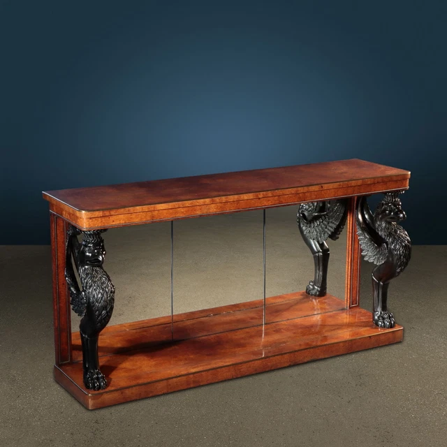 Consolle Antica Inglese '900 Ottone Specchi Grifoni Monopodi Ebanizzati