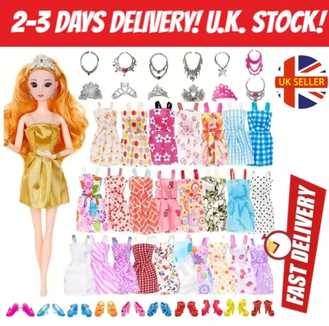 32 PCS Barbie Doll Dresses Shoes & Accesories Jewellery Bundle Pack Doll Fashion