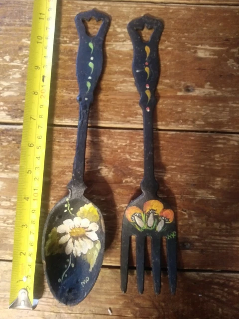 Vintage hand painted hp cottagecore mushroom cast iron fork spoon large witch
