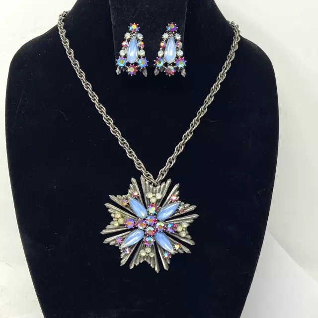 VINTAGE 1950S FLORENZA Maltese Cross Necklace & Earrings AB Rhinestones ...