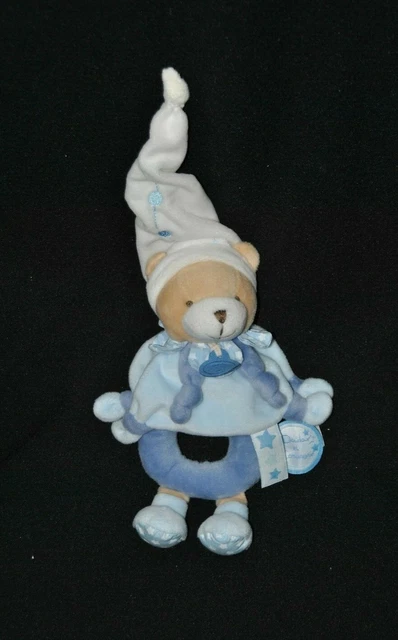 Peluche ours petit chou DOUDOU ET COMPAGNIE bleu 2 tons grelot bonnet 16 cm NEUF