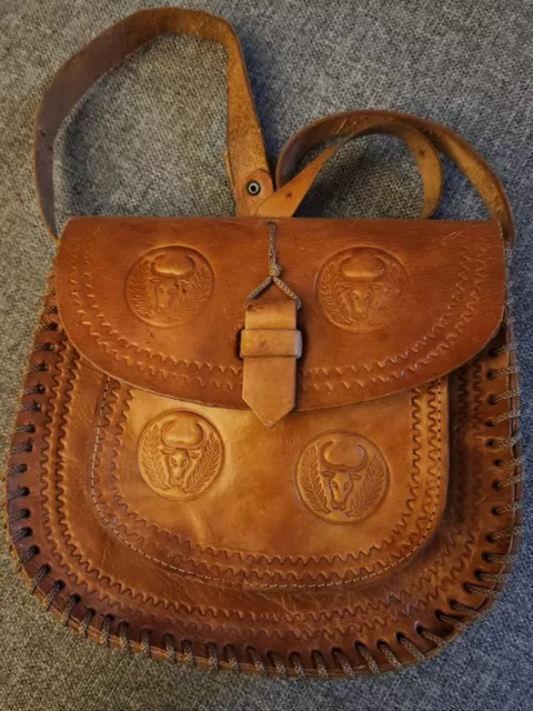 Tooled Vintage Brown Leather Saddle Bag 70s Festival Hippy Boho Bull Cow Embosse