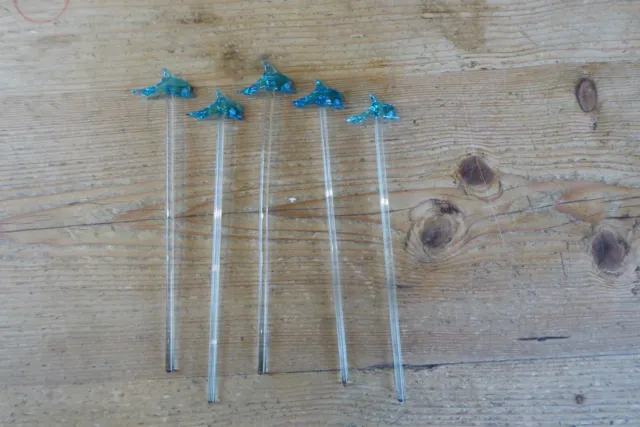 5 Vintage Glass Cocktail Stirrers Swizzle Sticks Blue Dolphins