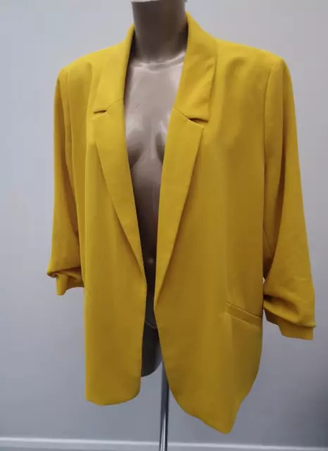 River Island Blazer Ruched 3/4 Sleeve Jacket Size 18 Yellow Open Front Mustard