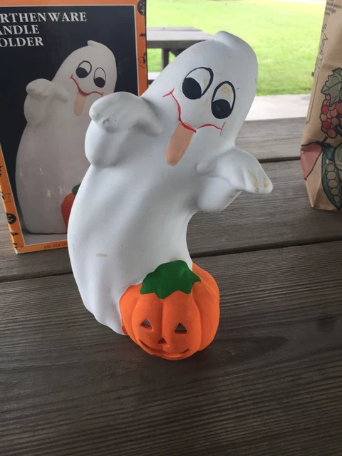 Portavelas vintage de barro verde azulado fantasma de Halloween con calabaza en caja