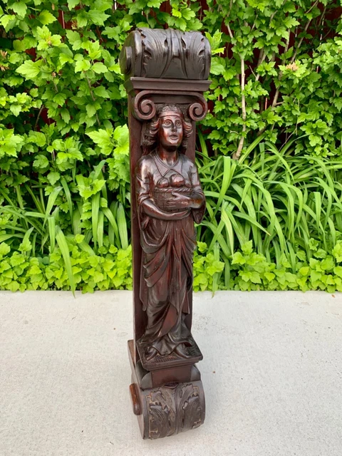 American Victorian Carved Mahogany Newel Post Cap Of Beautiful Maiden/Caryatid 