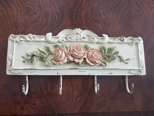 Vintage Shabby Chic Rose Cottage Chic Wall Hanger Hooks Decor Ornate Distressed