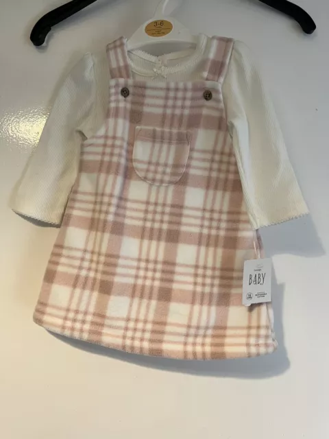 Baby Girls 3-6 Months GEORGE Fleece Dungaree Pinafore Dress & Bodysuit Pink BNWT