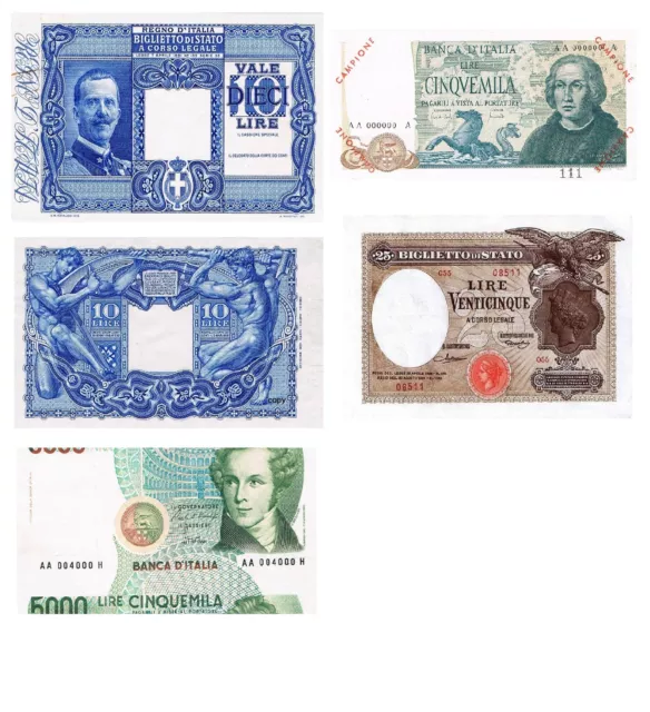 Italia 5 Banconote: 10 lire vitt.ema campione,5000 lire errore +(Riproduz/copy)