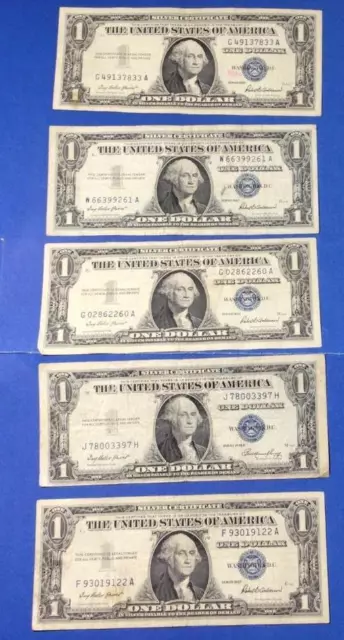 1957-1957B $1 Blue SILVER Certificates! X7833 Set of 5! Lower Grade! Currency!