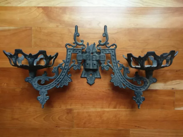 Eastlake Wrought Cast Iron Kerosene Oil Lamp Wall Sconces Antique Victorian Pair