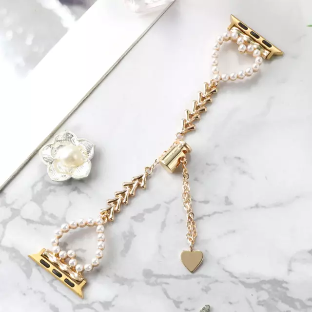 Girly Golden Pearl Heart Chainlink Apple Watch Band Strap Adjustable Any Series