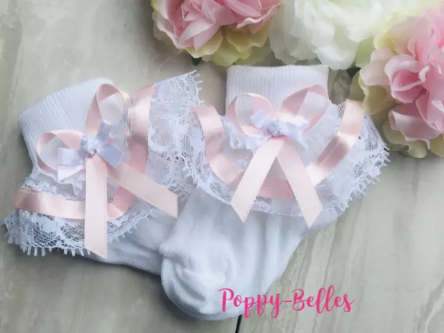Handmade pink trim & white rosebud bow white frilly ankle socks baby/girl