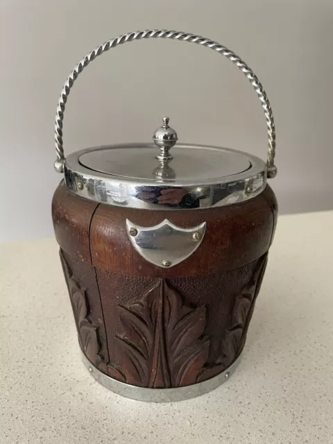 Carved Timber And Metal Biscuit Barrel  Ice Bucket Lidded  Vintage Japan