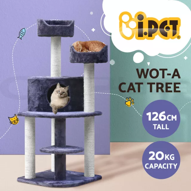 i.Pet Cat Tree Tower Scratching Post Scratcher 126cm Condo Trees House Grey