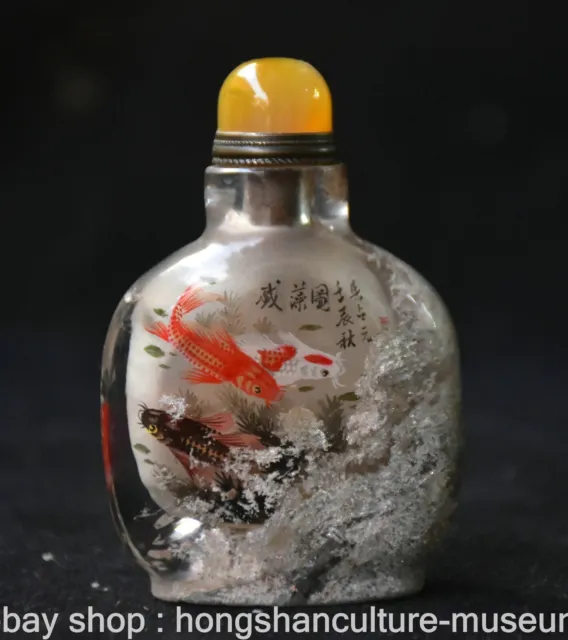 2.8" Old Chinese Crystal Painting Dynasty Fish Snuff box Snuff Bottle