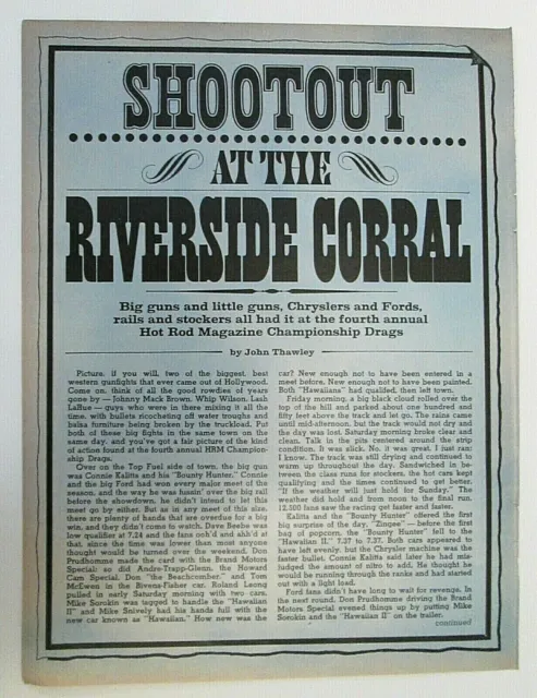 Vtg CLIPPING from Hot Rod Magazine SHOOTOUT AT THE RIVERSIDE CORRAL 1967