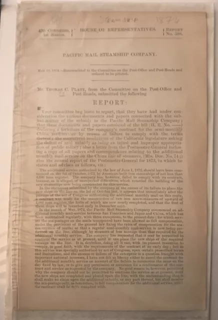 1874 Pacific Mail Steamship Company Report to House of Representatives