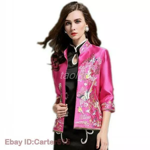 Stylish Chinese Robe Women Embroidery Stand Collar Silk Coats Jacket Qipao nwe