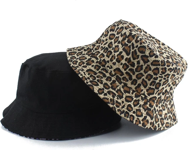 Cappello a secchio leopardato reversibile da donna 55-58 cm NUOVO leopardato/nero