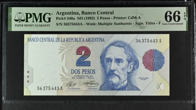 Argentina 2 Pesos ND 1992 P 340 a Gem UNC PMG 66 EPQ TOP POP