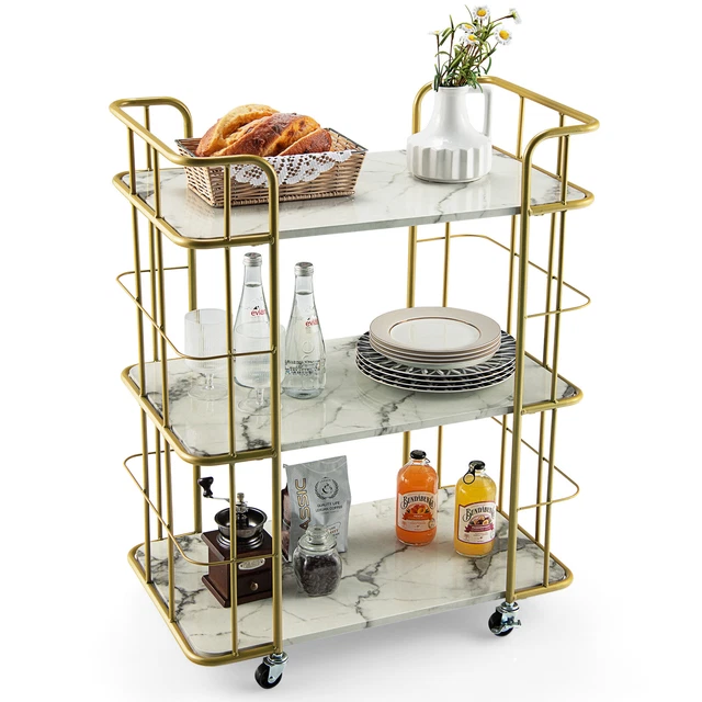 KITCHEN 3TIER STORAGE Utility Cart Gold Rolling Bar Serving w/Lockable