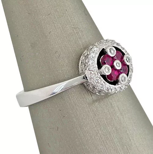 Estate Ladies 14KWhite Gold Natural Round Ruby & Diamond Cluster Engagement Ring