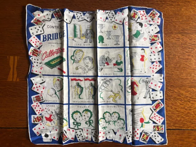 Vintage Handkerchief Blue Cotton Contract Bridge Culbertson Card Game Hankie