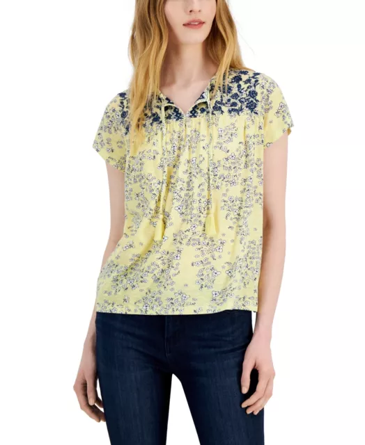 MSRP $50 Style & Co Womens Printed Embroidered Tassel-Tie T-Shirt Size Small