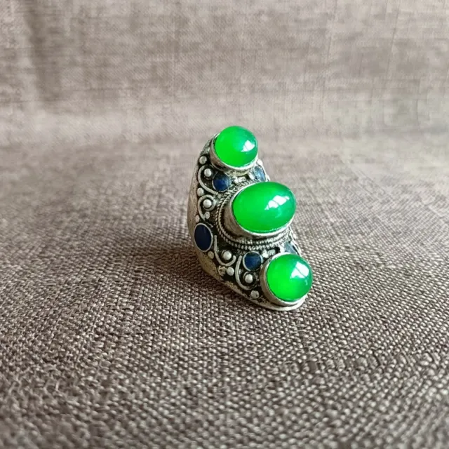 Exquisite Old Chinese tibet silver Enamel inlay green jade handmade Ring 9063