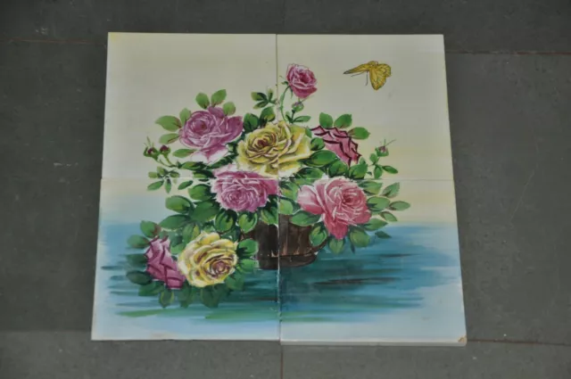 4 Pc Vintage Flower Basket & Butterfly Fine Colorful Ceramic Tiles Set, Japan