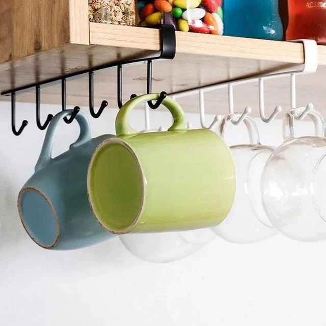 6Hook Under Shelf Coffee Cup Mug Holder Hanger Rack Cabinet Kitchen Hanging P5