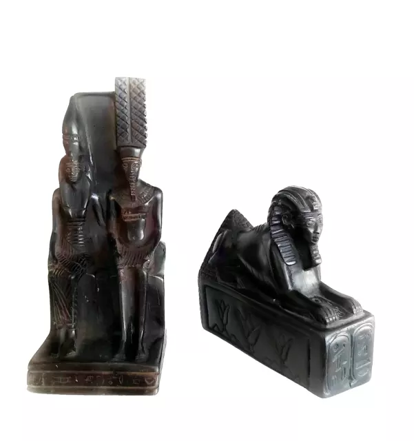 Egyptian Pharaoh and Sphinx Black Resin Statues