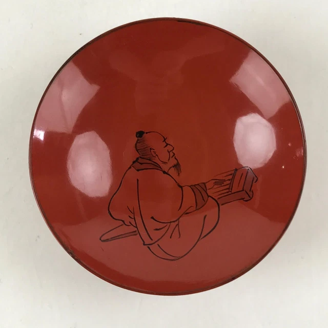 Antique Japanese Lacquered Sake Cup Sakazuki Red Man Play Koto Guinomi Ochoko G7