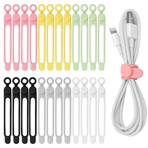 24 Pcs Silicone Cable Ties Reusable Cord Ties Electrical Cords 6 Colors Buckle