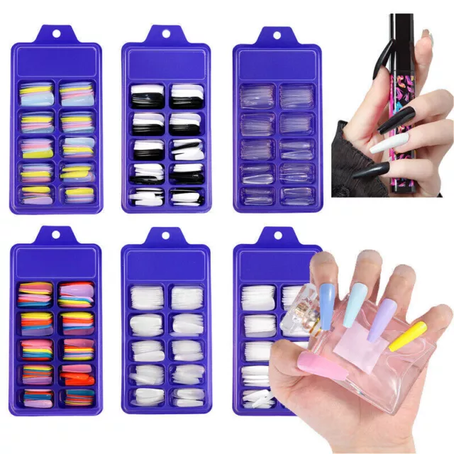 100 Pcs French Acrylic Long False Nail Tips Stiletto Almond Coffin Natural Clear