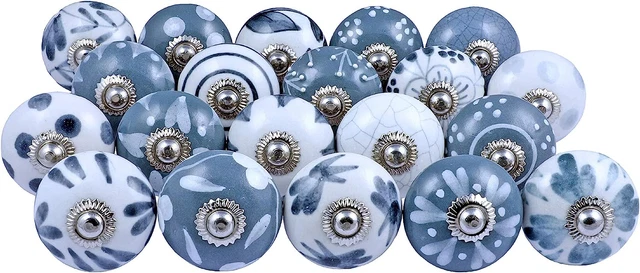 12 Door Knobs Grey Gray & White Cream Creme Rare Hand Painted Ceramic Knob Pull