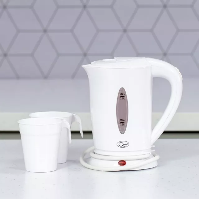 Quest White Compact Travel Kettle 0.5L 600 Watt Dual Voltage + 2 Cups USE ABROAD