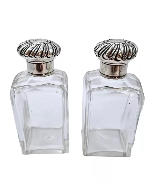 Stunning  Antique Silver Screw Top Cut Glass  Perfume Bottles