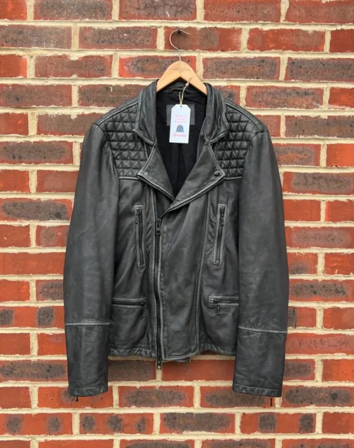 All Saints Mens Quilted CARGO Leather Biker Jacket Bomber XL EXTRA LARGE Moto