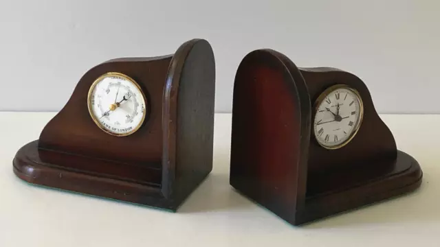 VTG Rare Jans Of London Swiss Quartz Clock & Barometer Pair Wooden Bookends 7" H