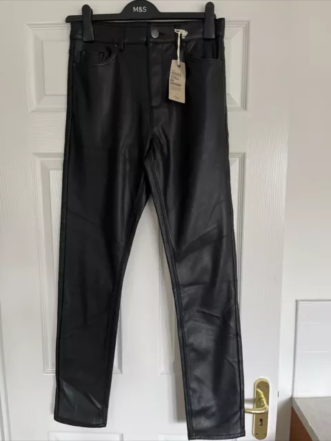 MARKS & SPENCER WOMENS BLACK FAUX LEATHER JEANS TROUSERS Size 10 Long Bnwt 2