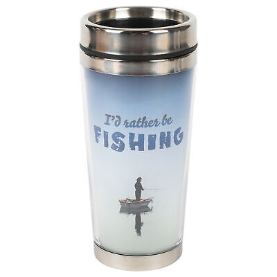 I'd Rather Be Fishing Blue 16 Ounce Stainless Steel Travel Mug Tumbler With Lid