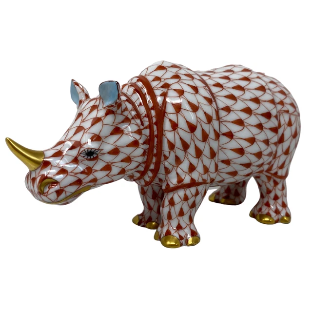 Orange Herend Hungary Rhinocerous 24k Gold Fishnet Porcelain Figurine