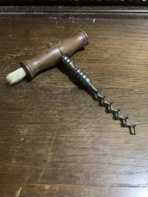 Antique Victorian Wooden Handle Straight Pull Corkscrew With Brush - Bobbin Turn