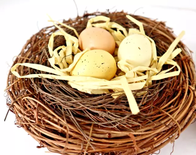 Handmade Primitive Bird Grape Vine Nest 3 Speckled Eggs Yellow Brown Tan 7.5"