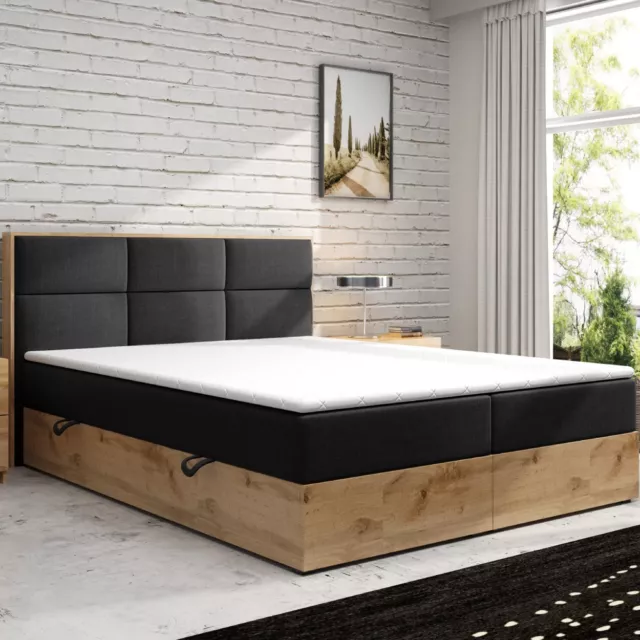 Boxspringbett LISSABON Eiche Holz mit Bettkasten 180 x 200 cm Schwarz Anthrazit