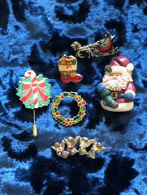 Lot Vintage De 6 Broches Épingles De Noël + Porte-Clés Arbre En Or Bonus Paillettes